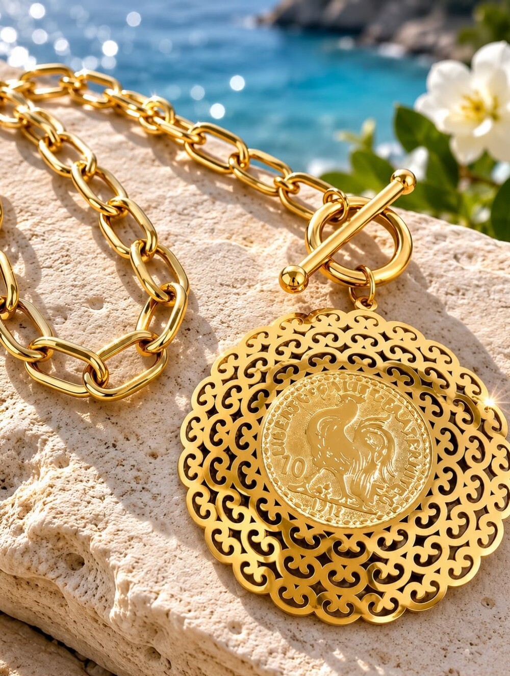 Gold Filigree Coin Pendant Chain Necklace - Picture 6 of 7